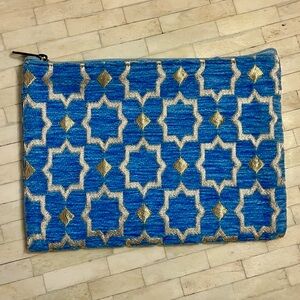 Blue and Gold Geometric Textured Fabric Clutch Pouch